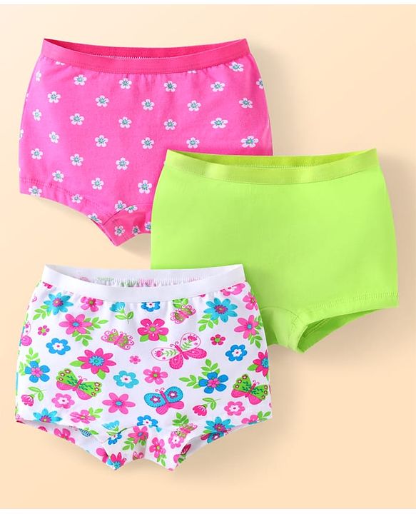 Babyhug Cotton Lycra Knit Hipsters with Floral Print Pack of 3 - Pink White & Green