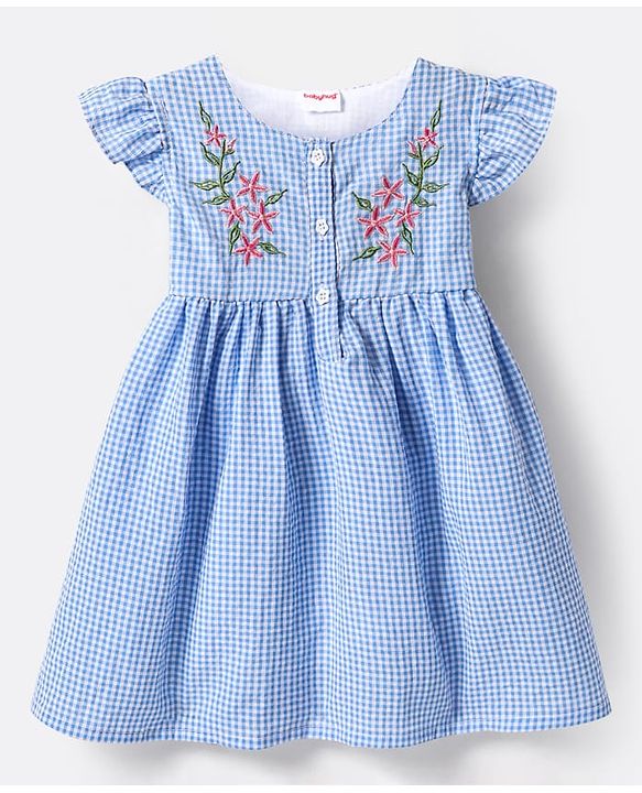 Babyhug Cotton Woven Frill Sleeves  Anti Bacterial Checkered Frock with Floral Embroidery Bloomer & Headband - Light Blue