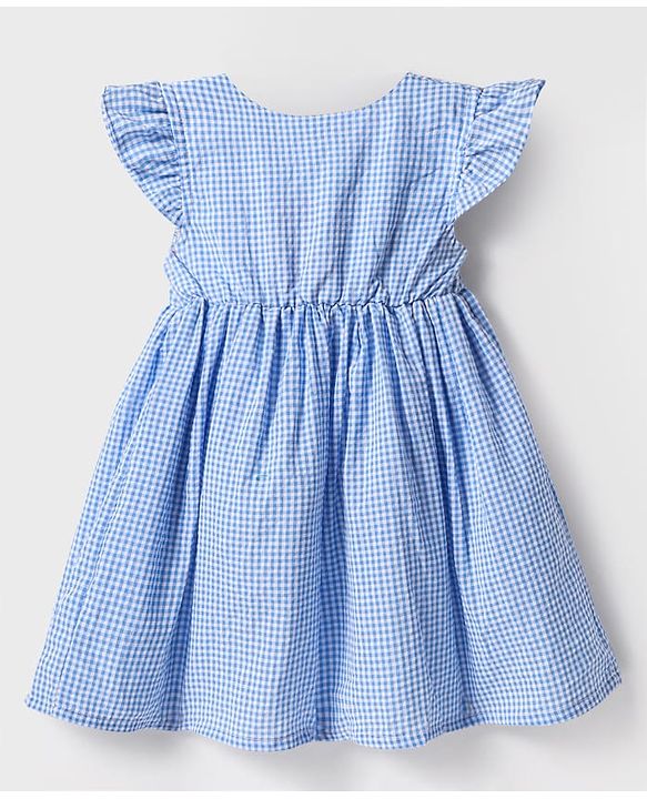 Babyhug Cotton Woven Frill Sleeves  Anti Bacterial Checkered Frock with Floral Embroidery Bloomer & Headband - Light Blue