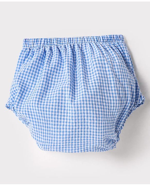 Babyhug Cotton Woven Frill Sleeves  Anti Bacterial Checkered Frock with Floral Embroidery Bloomer & Headband - Light Blue