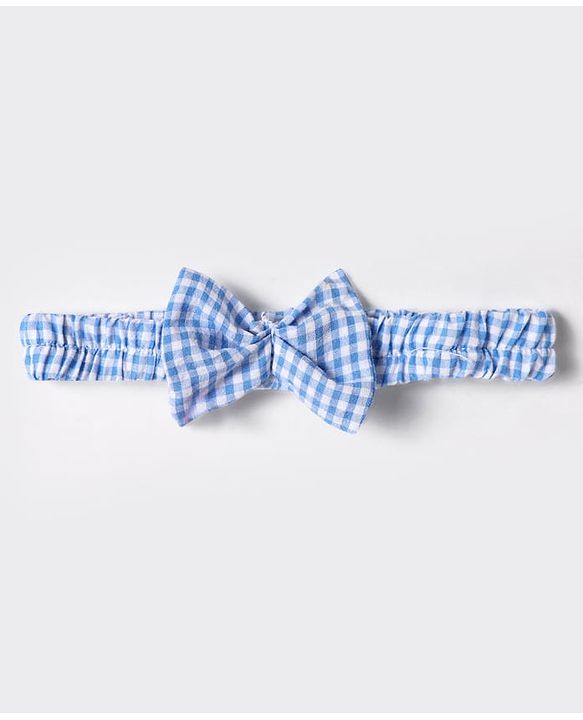 Babyhug Cotton Woven Frill Sleeves  Anti Bacterial Checkered Frock with Floral Embroidery Bloomer & Headband - Light Blue