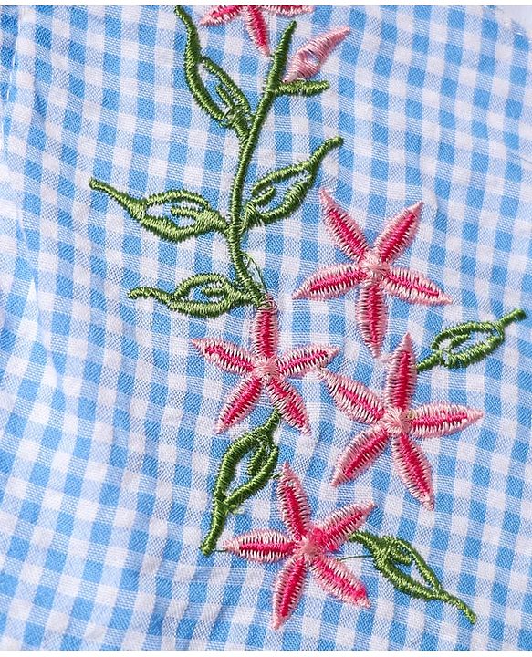 Babyhug Cotton Woven Frill Sleeves  Anti Bacterial Checkered Frock with Floral Embroidery Bloomer & Headband - Light Blue