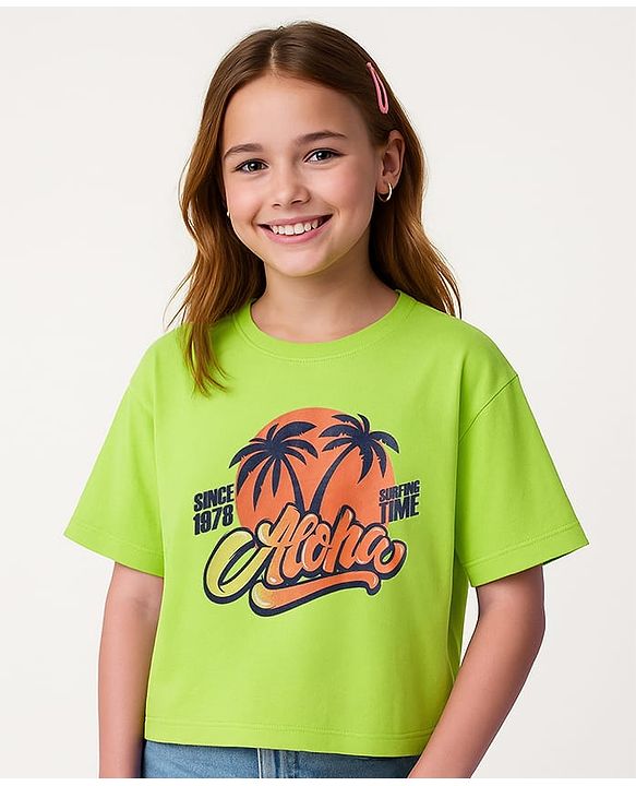 Pine Kids Cotton Knit Half Drop Shoulder Sleeves T-Shirt with Beach Theme Print - Light Green