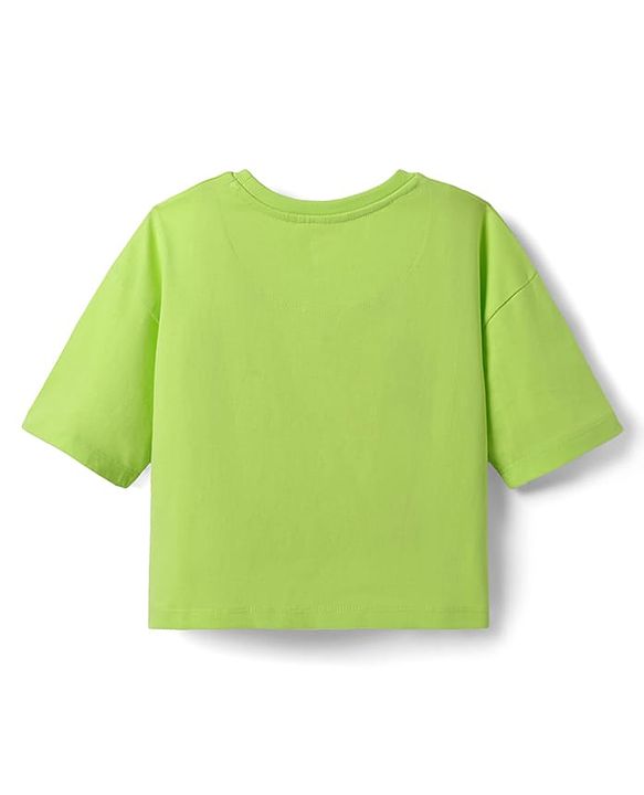 Pine Kids Cotton Knit Half Drop Shoulder Sleeves T-Shirt with Beach Theme Print - Light Green
