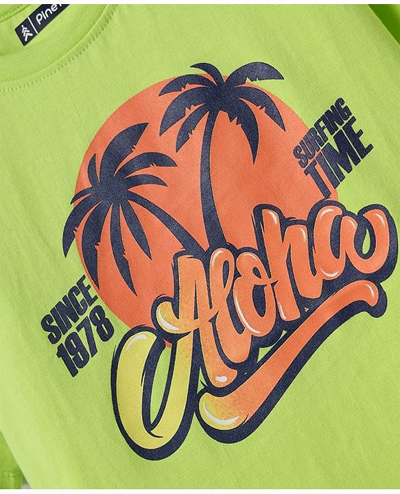 Pine Kids Cotton Knit Half Drop Shoulder Sleeves T-Shirt with Beach Theme Print - Light Green
