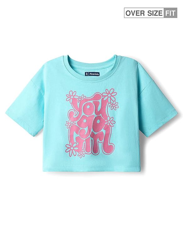 Pine Kids Cotton Knit Half Sleeves Drop Shoulder T-Shirt with You Go Girl Text Print - Light Blue