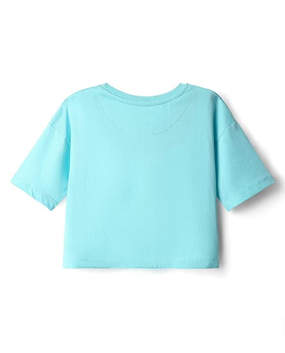 Pine Kids Cotton Knit Half Sleeves Drop Shoulder T-Shirt with You Go Girl Text Print - Light Blue