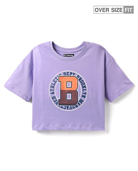 Pine Kids Cotton Knit Half Drop Shoulder Sleeves T-Shirt with Text Print - Lavender