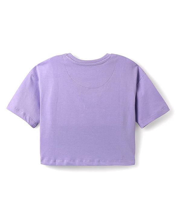 Pine Kids Cotton Knit Half Drop Shoulder Sleeves T-Shirt with Text Print - Lavender
