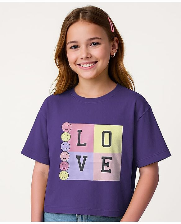 Pine Kids Cotton Knit Half Sleeves Drop Shoulder T-Shirt with Love Text Print - Purple