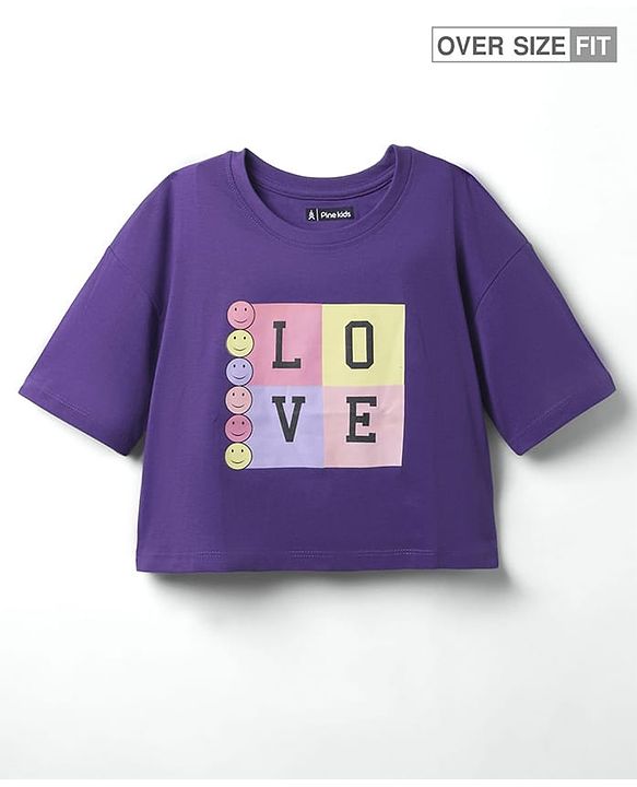 Pine Kids Cotton Knit Half Sleeves Drop Shoulder T-Shirt with Love Text Print - Purple