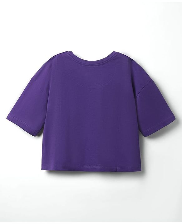 Pine Kids Cotton Knit Half Sleeves Drop Shoulder T-Shirt with Love Text Print - Purple