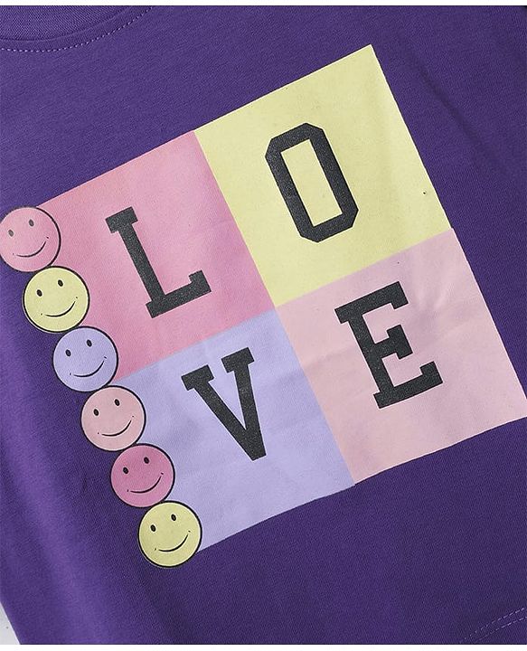 Pine Kids Cotton Knit Half Sleeves Drop Shoulder T-Shirt with Love Text Print - Purple