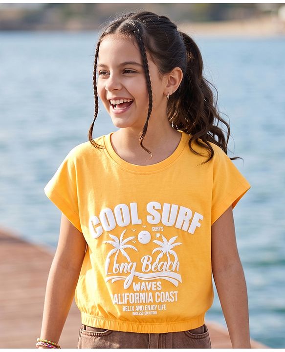 Pine Kids Cotton Knit Half Sleeves T-Shirts with Beach Theme Print - Yellow