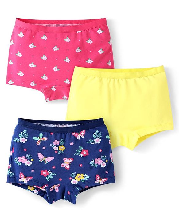 Babyhug Cotton Lycra Knit Hipsters with Butterfly Print Pack of 3 - Pink Yellow & Blue
