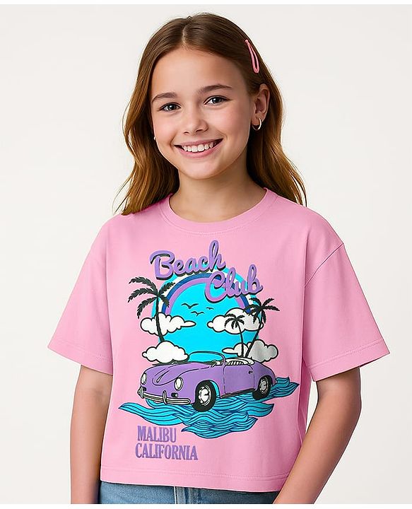 Pine Kids Cotton Knit Half Sleeves Drop Shoulder T-Shirt with Beach Theme Print - Pink