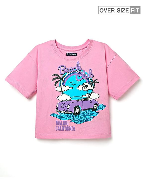 Pine Kids Cotton Knit Half Sleeves Drop Shoulder T-Shirt with Beach Theme Print - Pink
