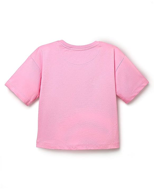 Pine Kids Cotton Knit Half Sleeves Drop Shoulder T-Shirt with Beach Theme Print - Pink
