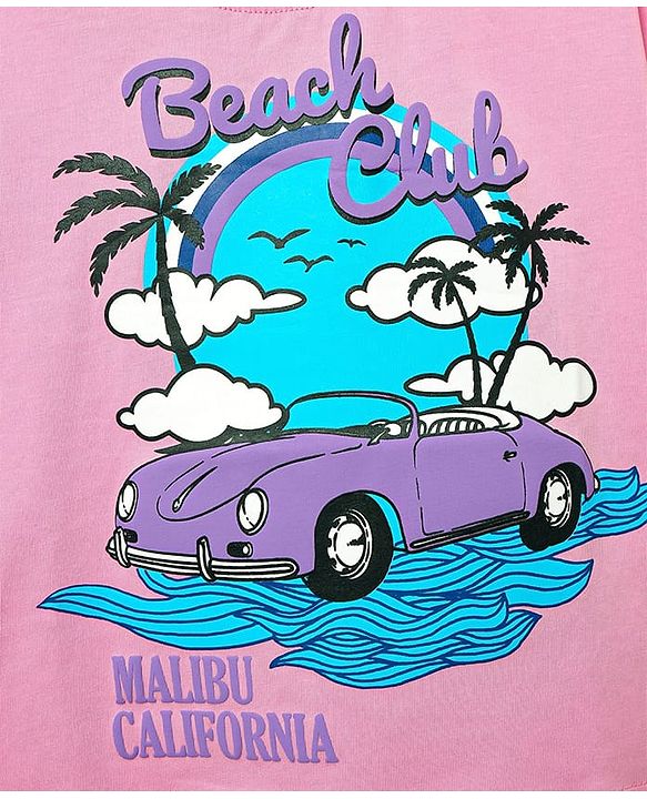 Pine Kids Cotton Knit Half Sleeves Drop Shoulder T-Shirt with Beach Theme Print - Pink