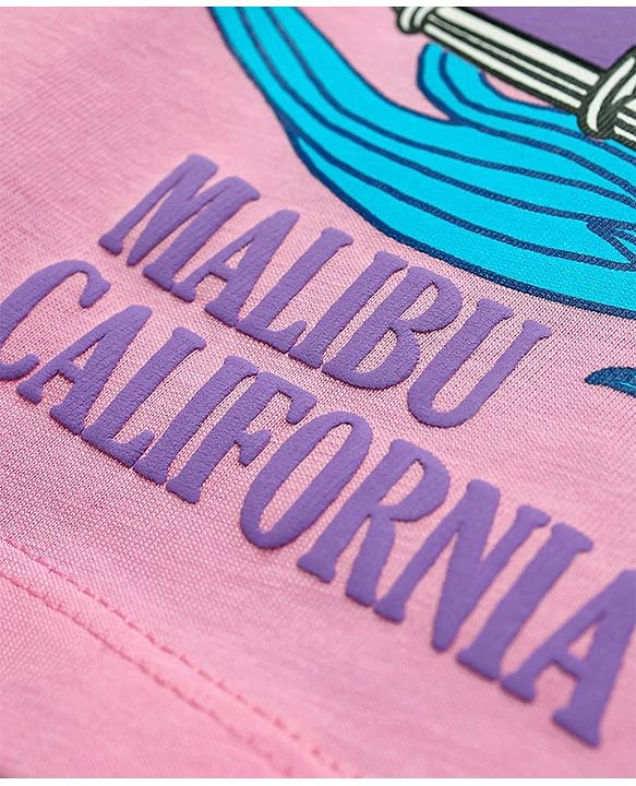 Pine Kids Cotton Knit Half Sleeves Drop Shoulder T-Shirt with Beach Theme Print - Pink