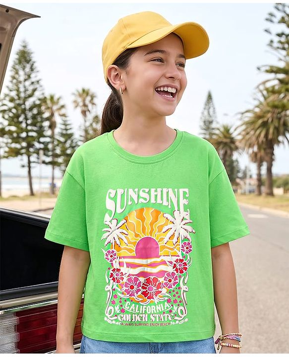 Pine Kids Cotton Knit Half Drop Shoulder Sleeves T-Shirt with Beach Theme Print - Light Green