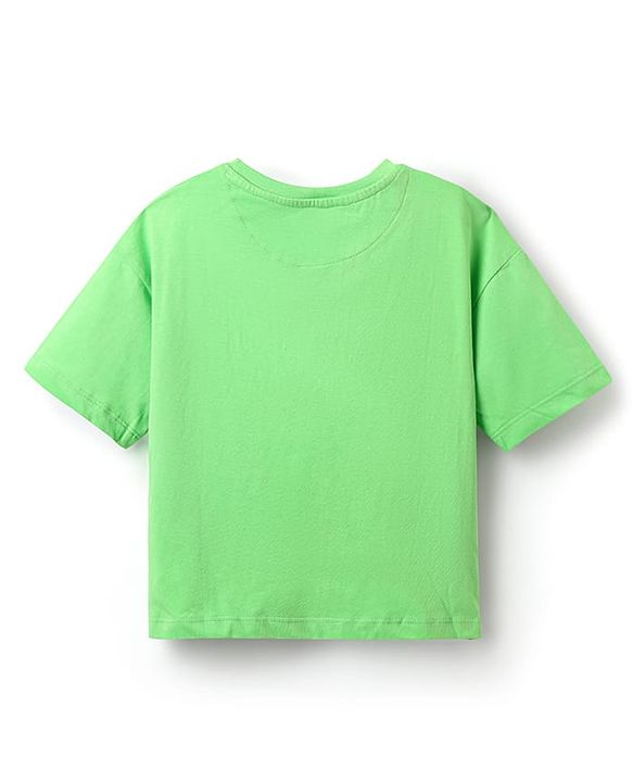 Pine Kids Cotton Knit Half Drop Shoulder Sleeves T-Shirt with Beach Theme Print - Light Green
