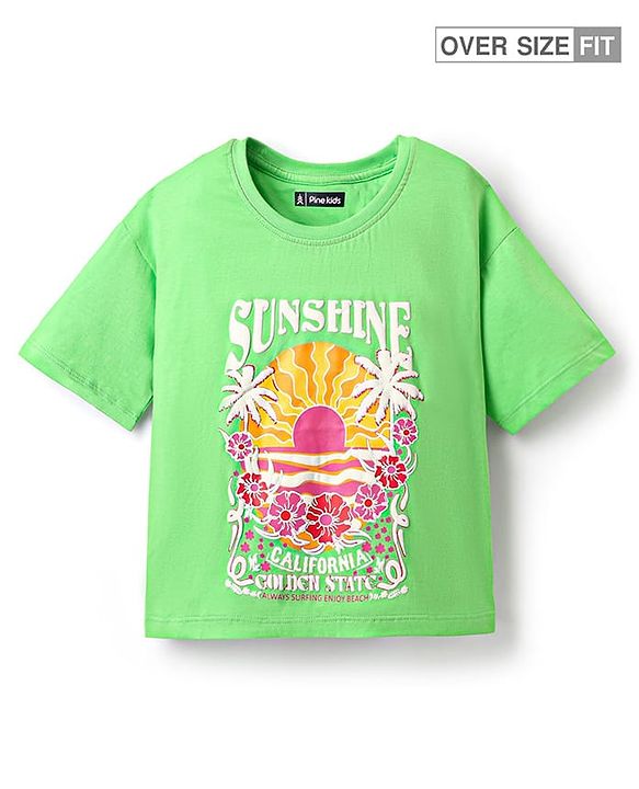 Pine Kids Cotton Knit Half Drop Shoulder Sleeves T-Shirt with Beach Theme Print - Light Green