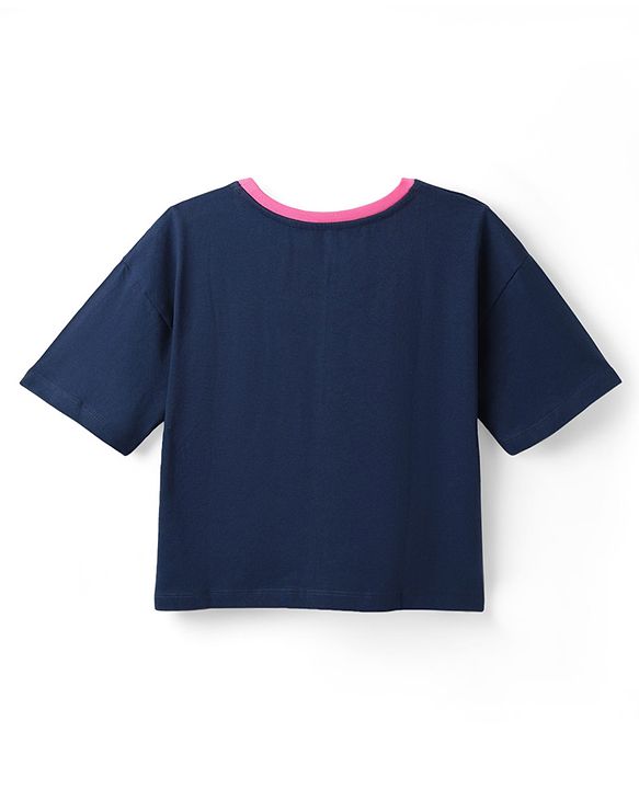 Pine Kids Cotton Knit Half Drop Shoulder Sleeves T-Shirt with Skating Print - Navy Blue