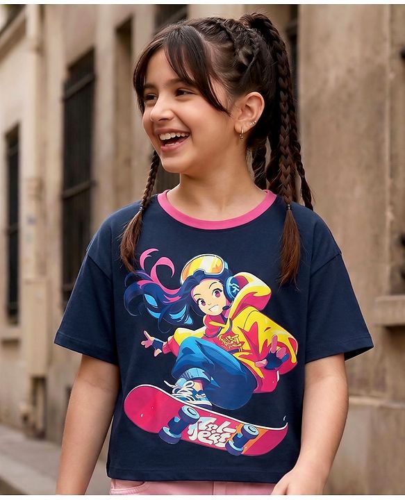 Pine Kids Cotton Knit Half Drop Shoulder Sleeves T-Shirt with Skating Print - Navy Blue