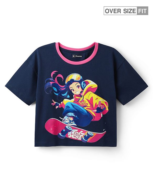 Pine Kids Cotton Knit Half Drop Shoulder Sleeves T-Shirt with Skating Print - Navy Blue