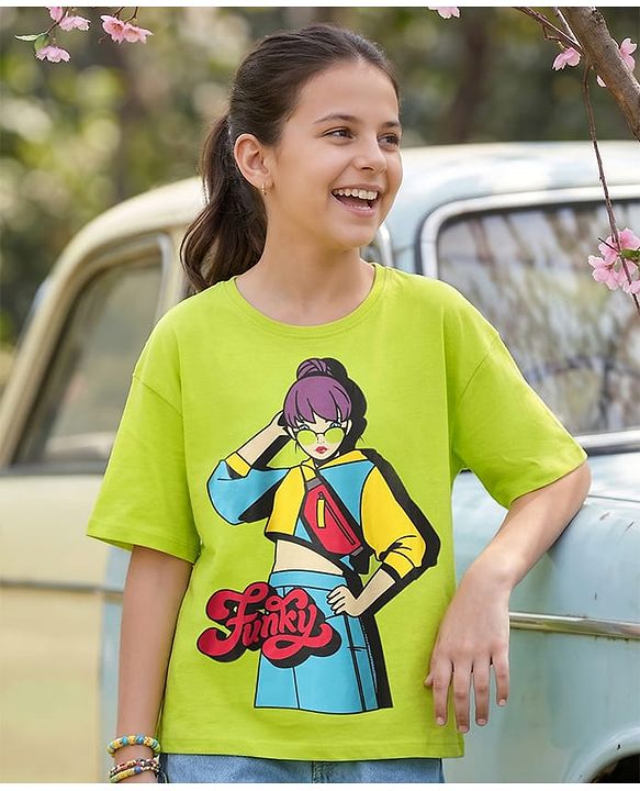 Pine Kids Cotton Knit Half Drop Shoulder Sleeves Oversized Printed T-Shirt - Light Green