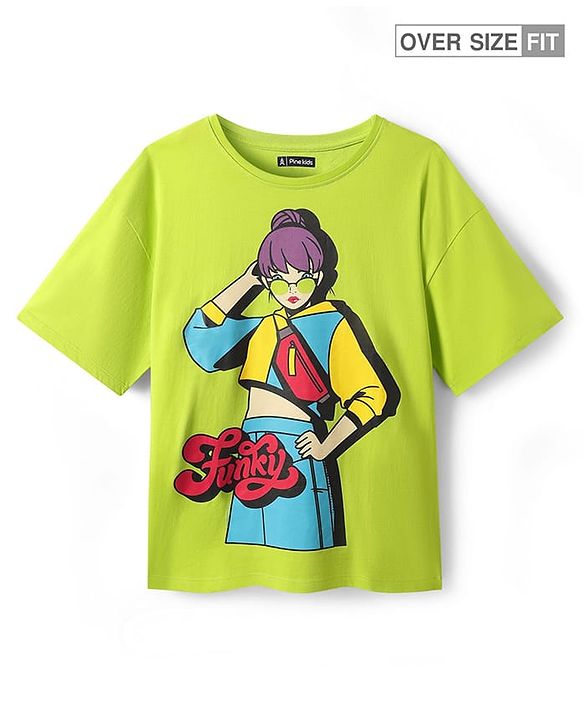 Pine Kids Cotton Knit Half Drop Shoulder Sleeves Oversized Printed T-Shirt - Light Green