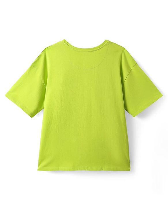 Pine Kids Cotton Knit Half Drop Shoulder Sleeves Oversized Printed T-Shirt - Light Green