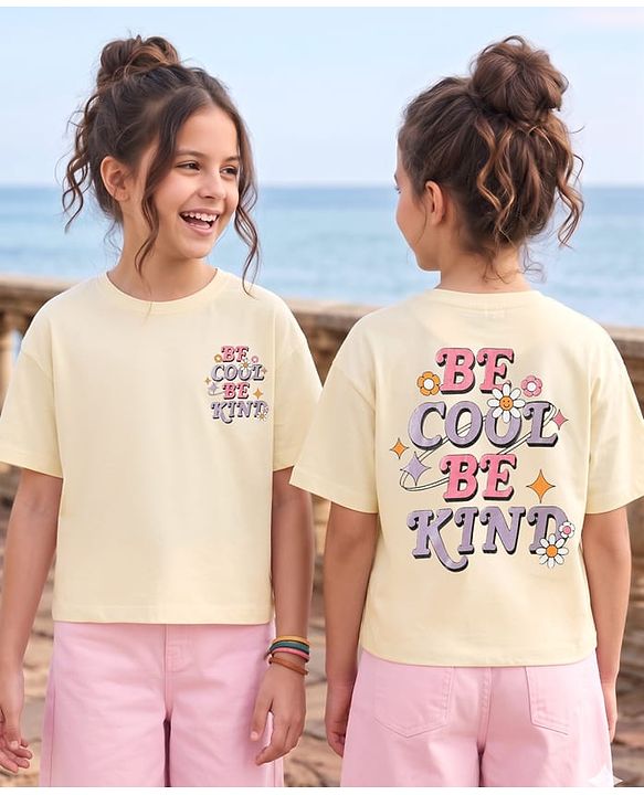 Pine Kids Cotton Knit Half Drop Shoulder Sleeves T-Shirt with Text Print - Cream