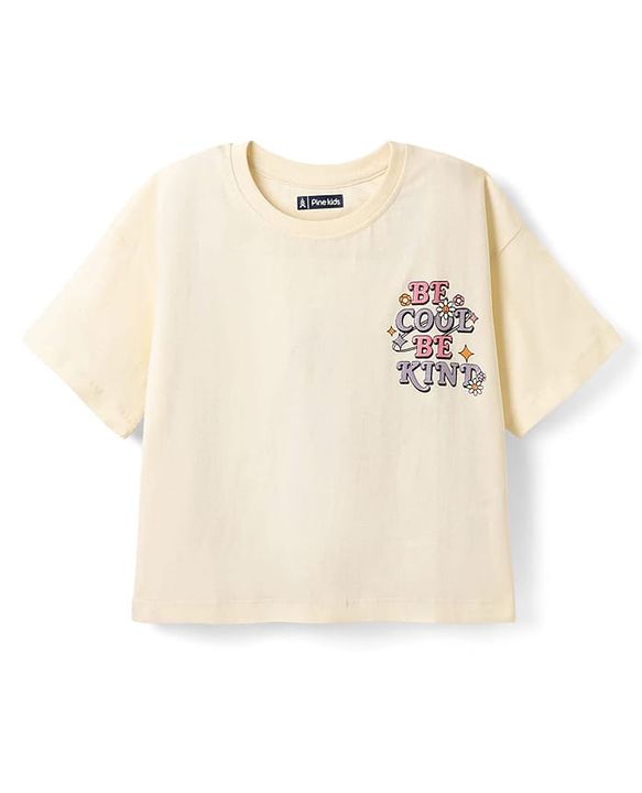 Pine Kids Cotton Knit Half Drop Shoulder Sleeves T-Shirt with Text Print - Cream