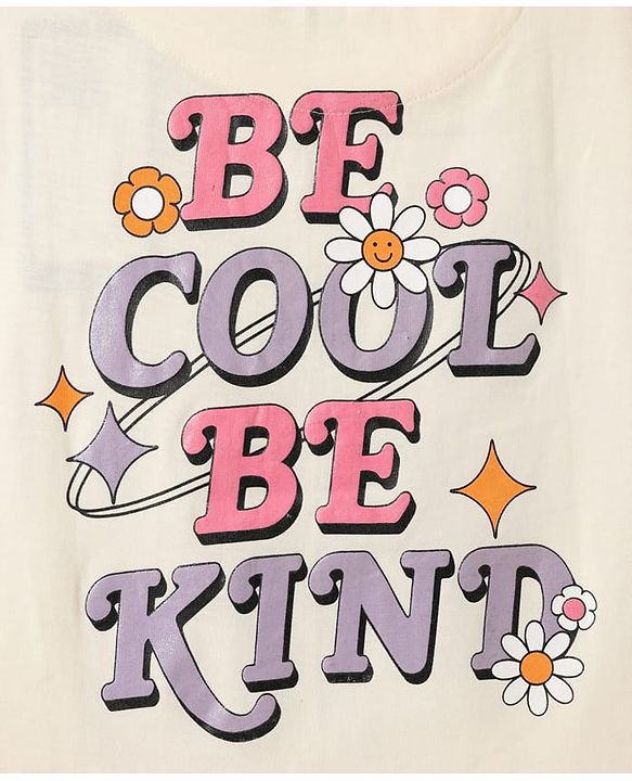 Pine Kids Cotton Knit Half Drop Shoulder Sleeves T-Shirt with Text Print - Cream