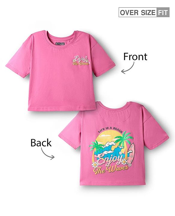 Pine Kids Cotton Knit Half Drop Shoulder Sleeves T-Shirt with Front & Back Beach Theme Print - Pink