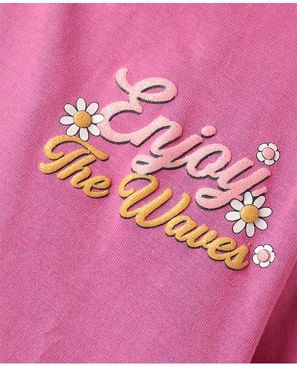 Pine Kids Cotton Knit Half Drop Shoulder Sleeves T-Shirt with Front & Back Beach Theme Print - Pink