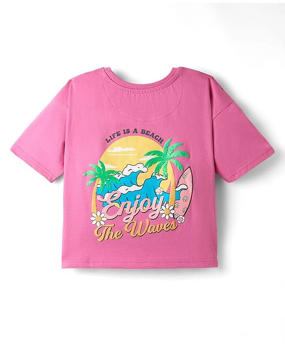 Pine Kids Cotton Knit Half Drop Shoulder Sleeves T-Shirt with Front & Back Beach Theme Print - Pink
