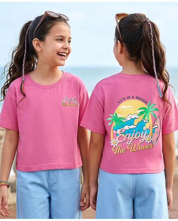Pine Kids Cotton Knit Half Drop Shoulder Sleeves T-Shirt with Front & Back Beach Theme Print - Pink