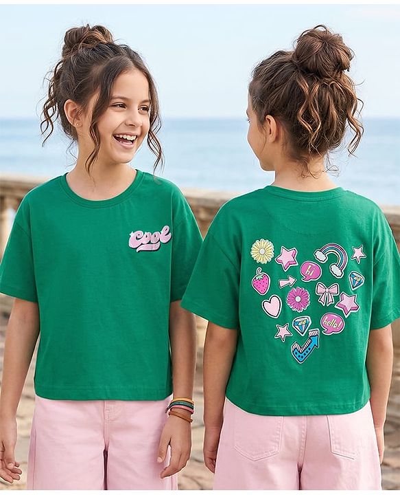 Pine Kids Cotton Knit Half Drop Shoulder Sleeves T-Shirt with Front & Back Text Print - Mint