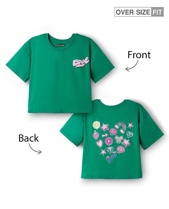 Pine Kids Cotton Knit Half Drop Shoulder Sleeves T-Shirt with Front & Back Text Print - Mint