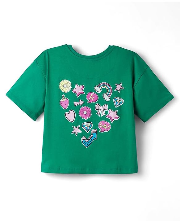 Pine Kids Cotton Knit Half Drop Shoulder Sleeves T-Shirt with Front & Back Text Print - Mint