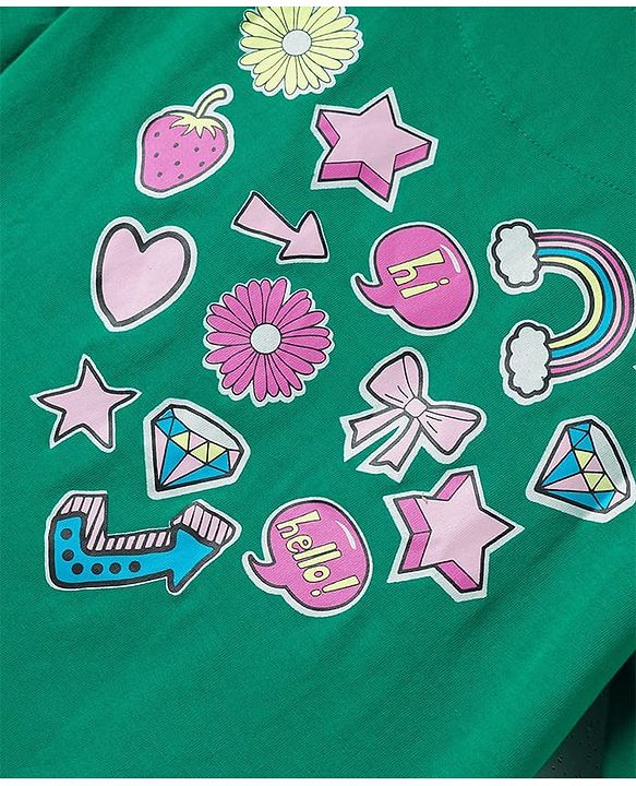 Pine Kids Cotton Knit Half Drop Shoulder Sleeves T-Shirt with Front & Back Text Print - Mint