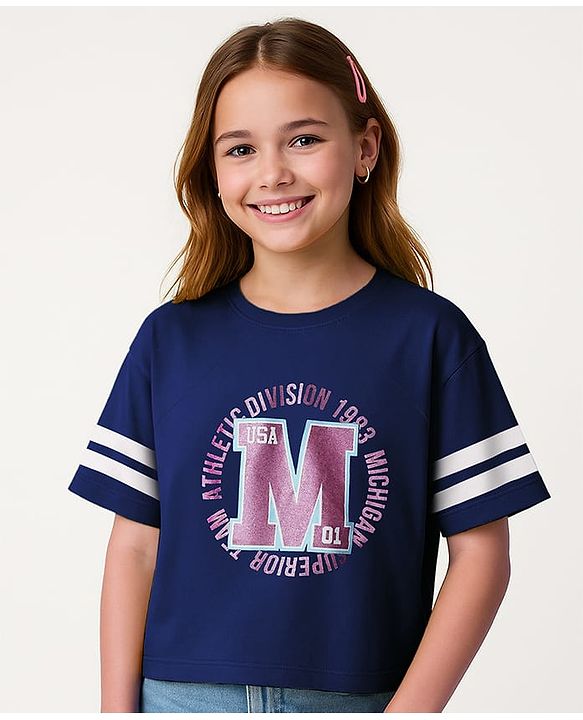 Pine Kids Cotton Knit Half Raglan Sleeves  T-Shirt with Athletic Division Text Print - Navy Blue