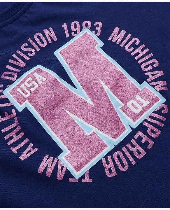 Pine Kids Cotton Knit Half Raglan Sleeves  T-Shirt with Athletic Division Text Print - Navy Blue