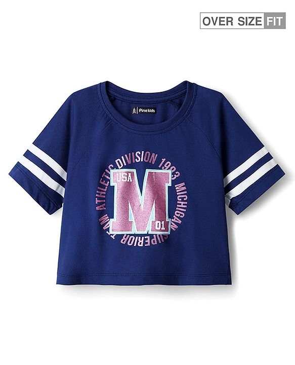 Pine Kids Cotton Knit Half Raglan Sleeves  T-Shirt with Athletic Division Text Print - Navy Blue