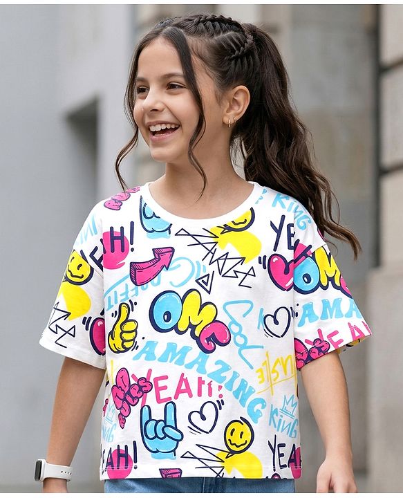 Pine Kids Cotton Knit Half Sleeves T-Shirt with Text Print - White