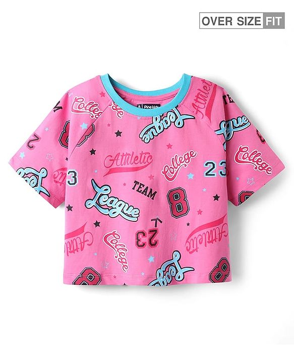 Pine Kids Cotton Knit Half Raglan Sleeves T-Shirt With Atheletic Text Print - Pink