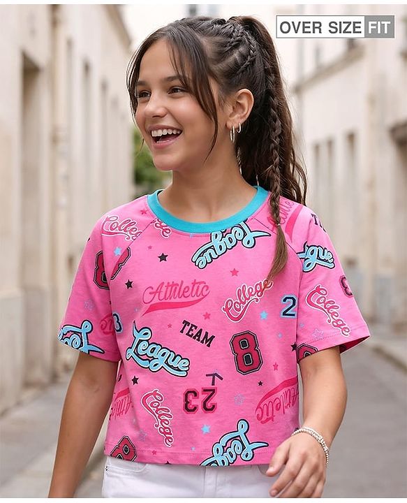 Pine Kids Cotton Knit Half Raglan Sleeves T-Shirt With Atheletic Text Print - Pink